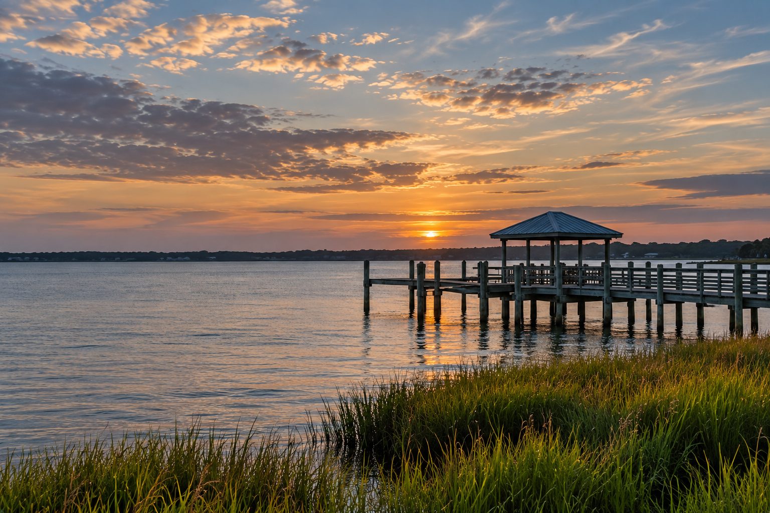 Sunset over a wooden pier and marsh grass on the coast.